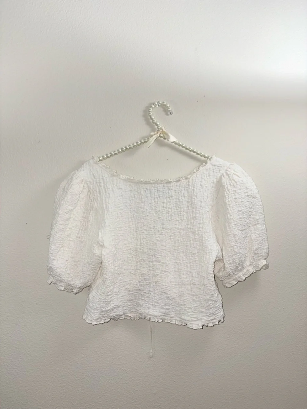 Urban Outfitters Cream Textured Puff-Sleeve Tie-Front Blouse - Picture 5 of 6